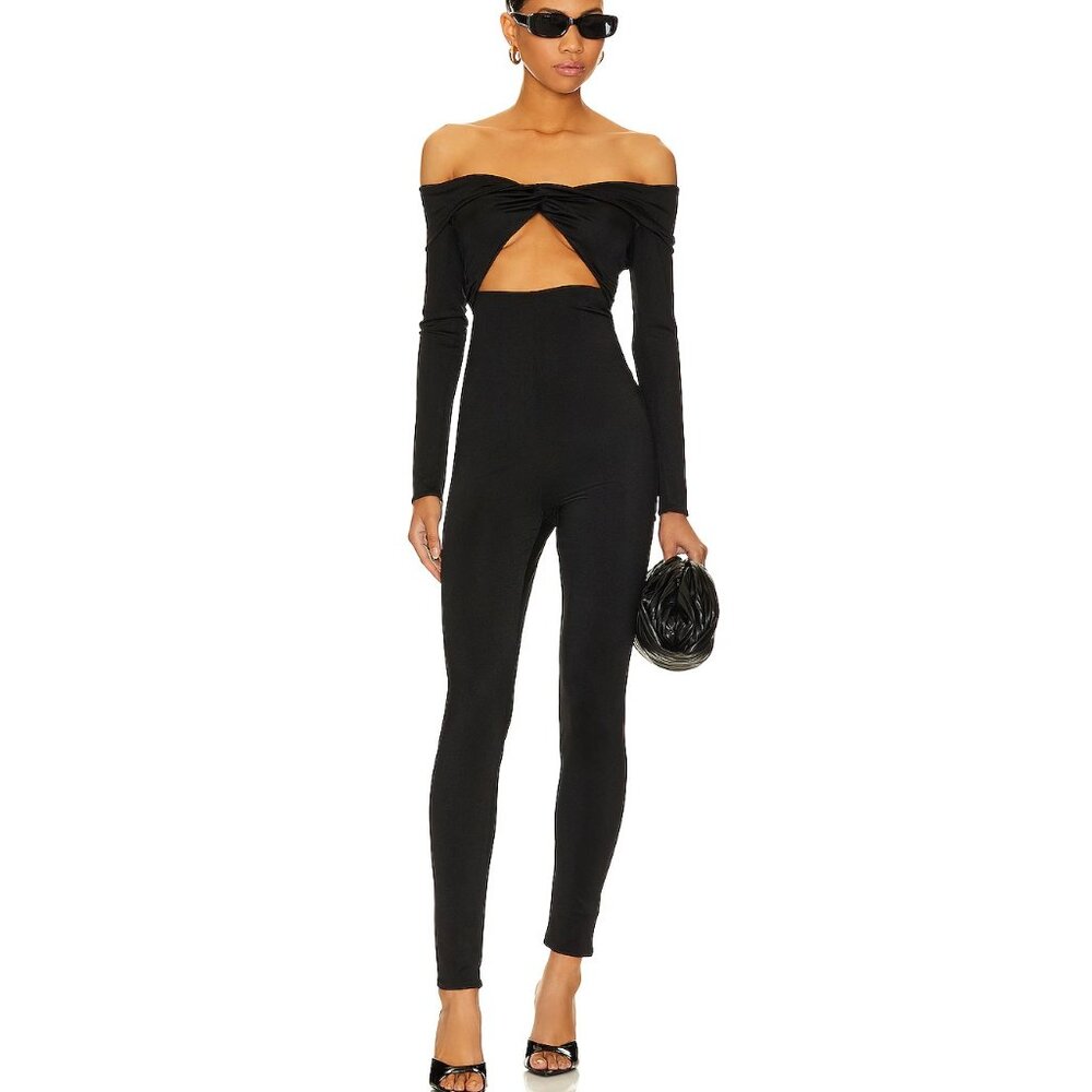 NWT $238 NBD JOURNI OFF THE SHOULDER BLACK JUMPSUIT W/KNOTTED FRONT & CUTOUT XS